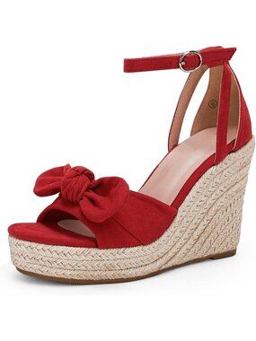 Women's Red Wedge Platform Sandals Bowknot Espadrille Ankle Strap Summer Heels